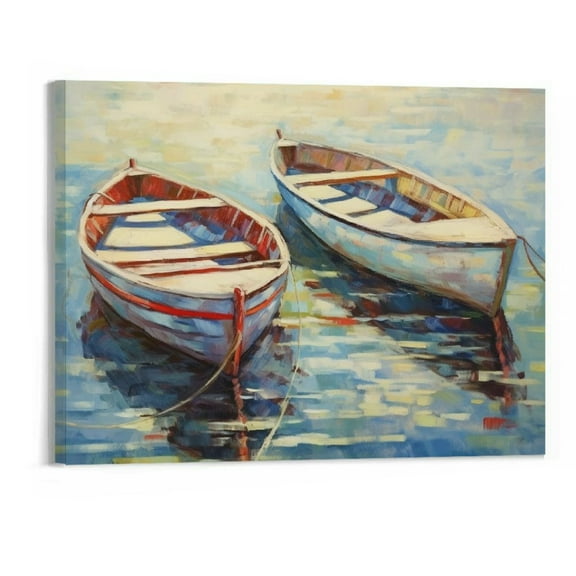 Creowell Boats Framed Wall Art: Beach Sailing Boat Painted Sea Canoe Picture Hand Oil Painting Abstract Sail Artwork Seaside Rowboat Picture Decor for Living Room Bedroom 20 X 16 Inches