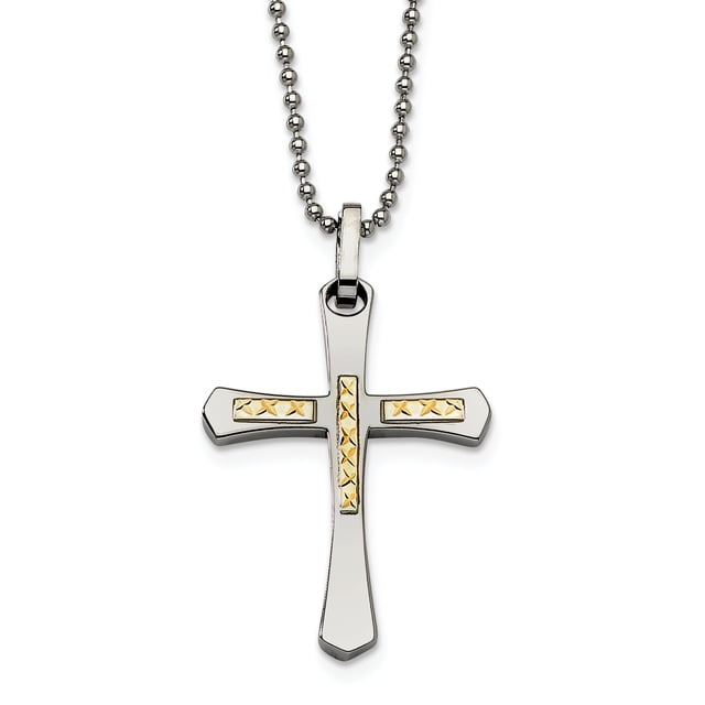 Stainless Steel 14k Gold Diamond Cut Cross Pendant 22 Inch Ball Chain Necklace Charm Religious