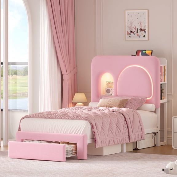 Hiphuta Twin Size Bed Frame with RGB LED and Power Outlets, Velvet Upholstered Platform Bed with Drawer and Side Storage, Pink