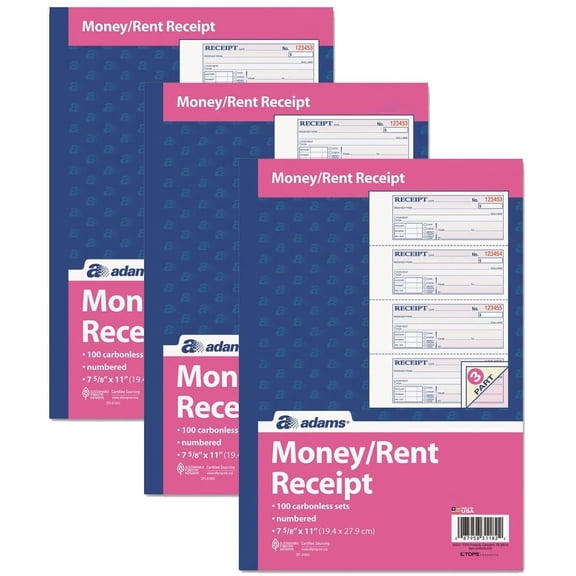 Adams Money and Rent Receipt Book, 3-Part, Carbonless, White/Canary/Pink,7 5/8" x 10 7/8", 100 Sets per Book, Pack Of 3