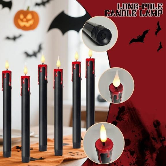 Halloween LED Tear-Drip Candles - 6-Pack Black Conical Flameless Candles with Remote Control, Realistic 3D Flickering Flame & Dripping Wax Effect for Haunted Decor
