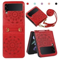 Dteck Case For Samsung Galaxy Z Flip 3 5G Shockproof Embossed Mandala Pattern Women's Wallet Case with Card Holder Detachable Shoulder Strap, Red
