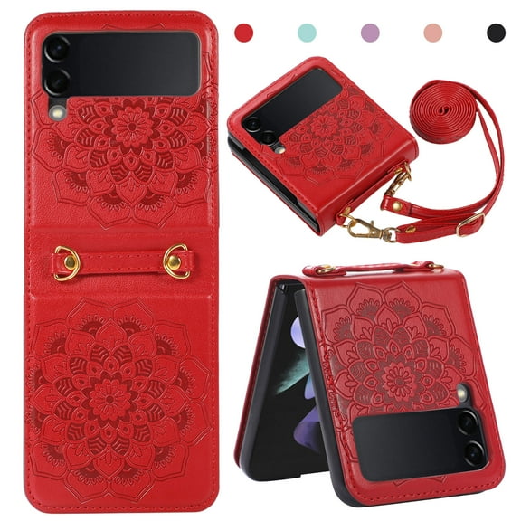 Dteck Case For Samsung Galaxy Z Flip 3 5G Shockproof Embossed Mandala Pattern Women's Wallet Case with Card Holder Detachable Shoulder Strap, Red