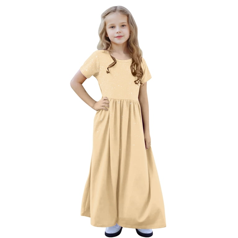 Annhoo Long Dresses for Toddler Kids Summer Crew Neck Short Sleeve Shiny Cute Solid Maxi Dresses 4-14 Years, Girl's, Size: 13 Years, Beige
