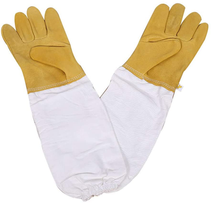 1Pair Protective Beekeeping Vented Long Sleeves Gloves Goatskin Yellow New a 