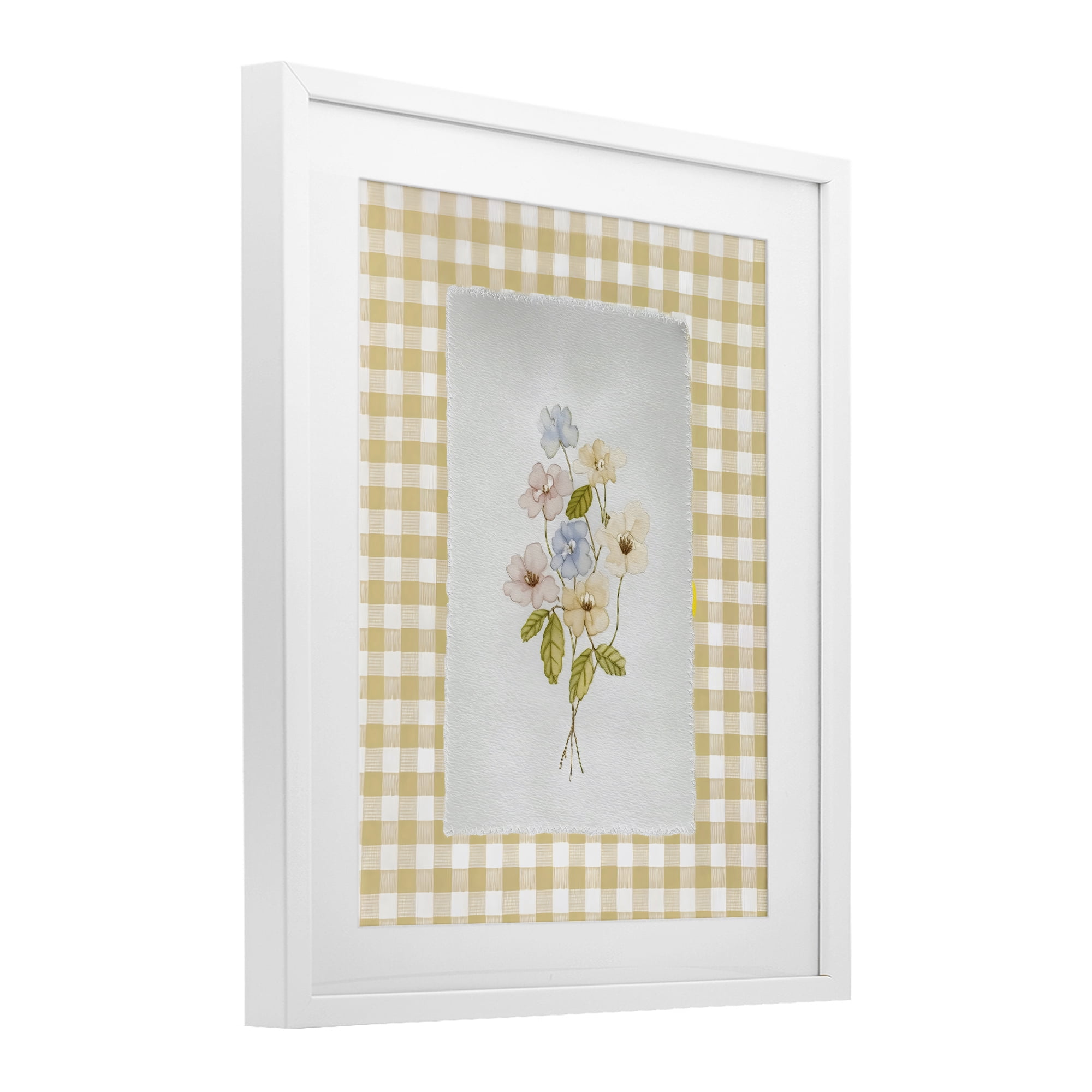 Stupell Industries Soft Gingham Flowers White Framed Print Under Glass, design by Arlington Prints