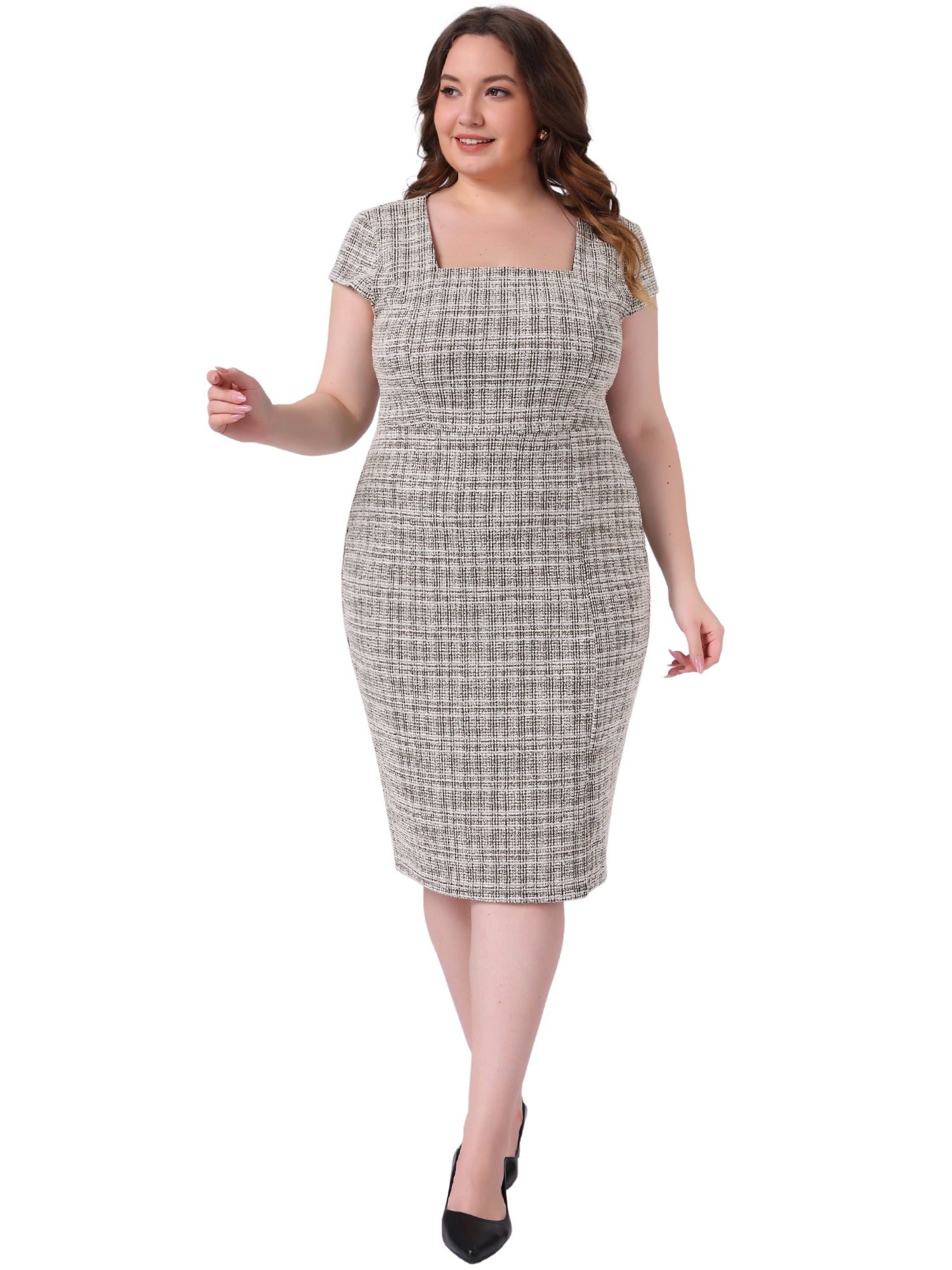 DARING DIVA Women's Plus Size Vintage Midi Tweed Cap Sleeve Sheath Dress 3X White