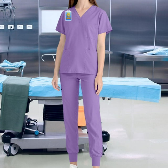 Conjunto de uniformes exfoliantes de manga corta para enfermera, pantalones con cuello en V, trajes de trabajo para mujer, ropa de trabajo para , púrpura, S
