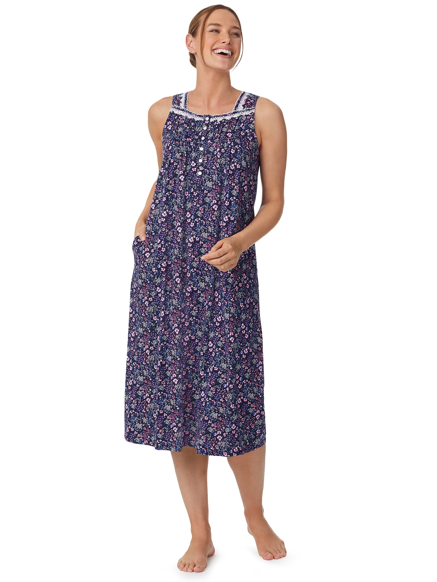 Aria Women's Sleeveless Long 100% Cotton Nightgown in 46", Sizes XS to 5X