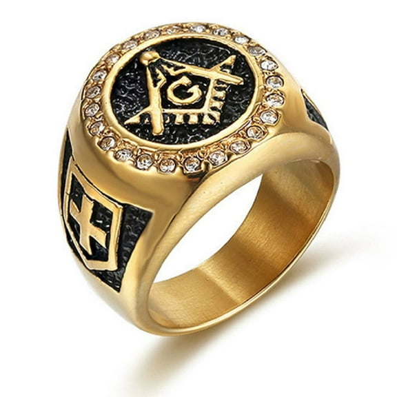 MayiaHey Bling Masonic Symbol Ring, Rhinestone Freemason Ring for Men, Gold Master Mason Ring Iced Out Freemason Jewelry, Shield Cross Masonic Ring Punk Masonic Compass Ring