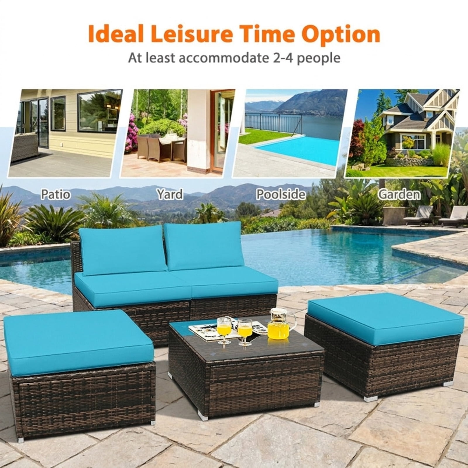 Furnibear 5 Piece Patio Furniture Set Outdoor Wicker Conversation Set with Cushioned Armless Sofas and Coffee Table for Garden Deck, Turquoise