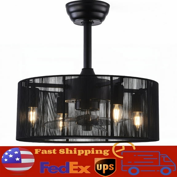 18'' Vintage Farmhouse Fandelier Lamp Caged Ceiling Fan Light w/ Remote Black
