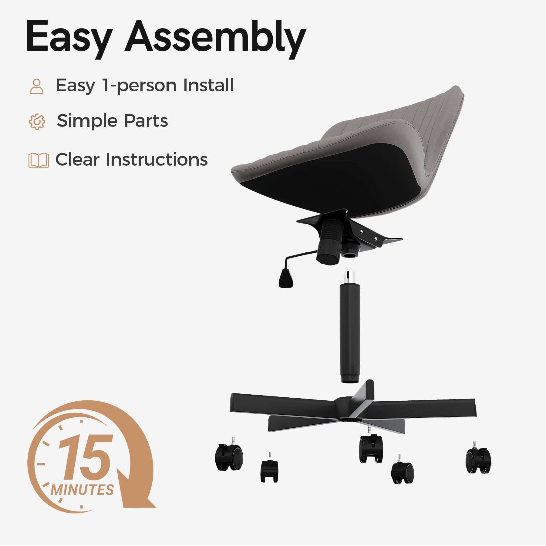 MOONMISS Mid Back PU Leather Desk Chair with Wheels,Armless Adjustable Swivel Vanity Chair for Bedroom Home Office Living Room,Gray
