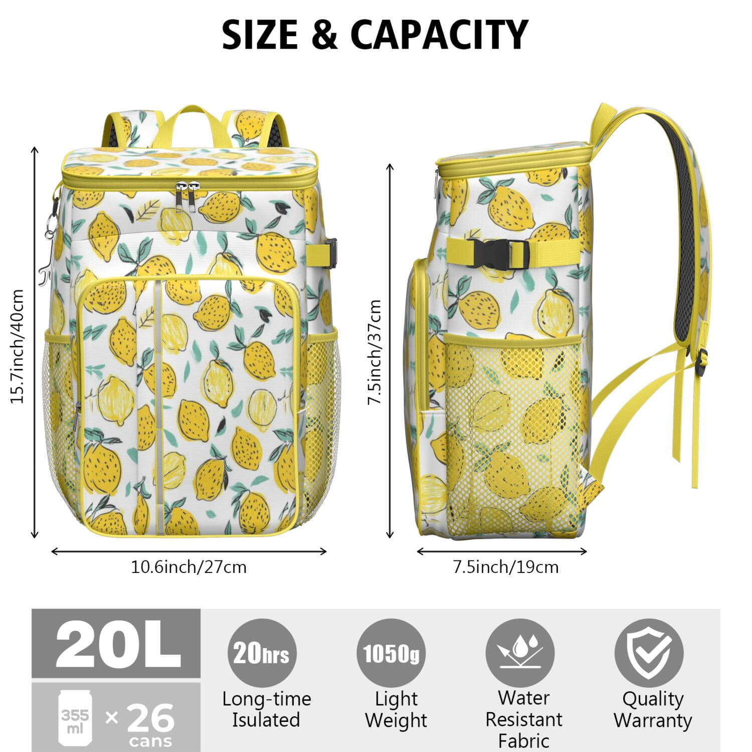 Travel Cooler Bag - Lemon Camping Beer Cooler Backpack with Bottle Opener- Waterproof Insulated Picnic Backpacks - Cooler Bag for Beach