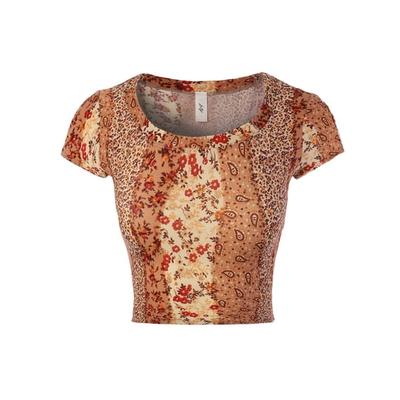 A2Y Women's Basic Solid Printed Scoop Neck Cap Sleeve Fitted Crop Rayon Top Tee Shirt Leaf Khaki XL