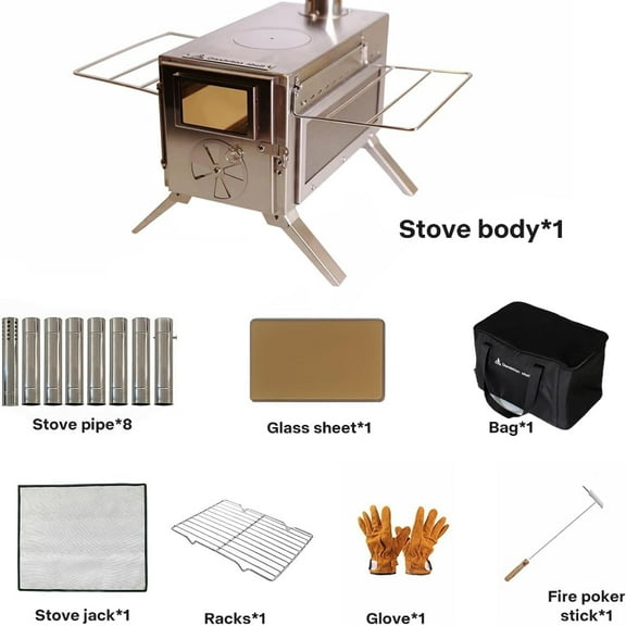 Dandelion shell Portable Camping Wood Stove with View Glass and Cooking Function, 8 Stainless Steel Chimneys for Shelter, Hunting, Outdoor Cooking, and Heating (304 Stainless Steel)
