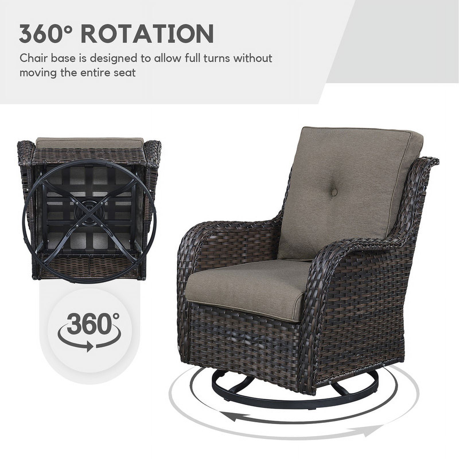 PARKWELL 5-Piece Outdoor Conversation Sets,Wicker Swivel Gliders with Ottomans,Side Table,Patio Seating Furniture with Gray Cushions,Brown Wicker