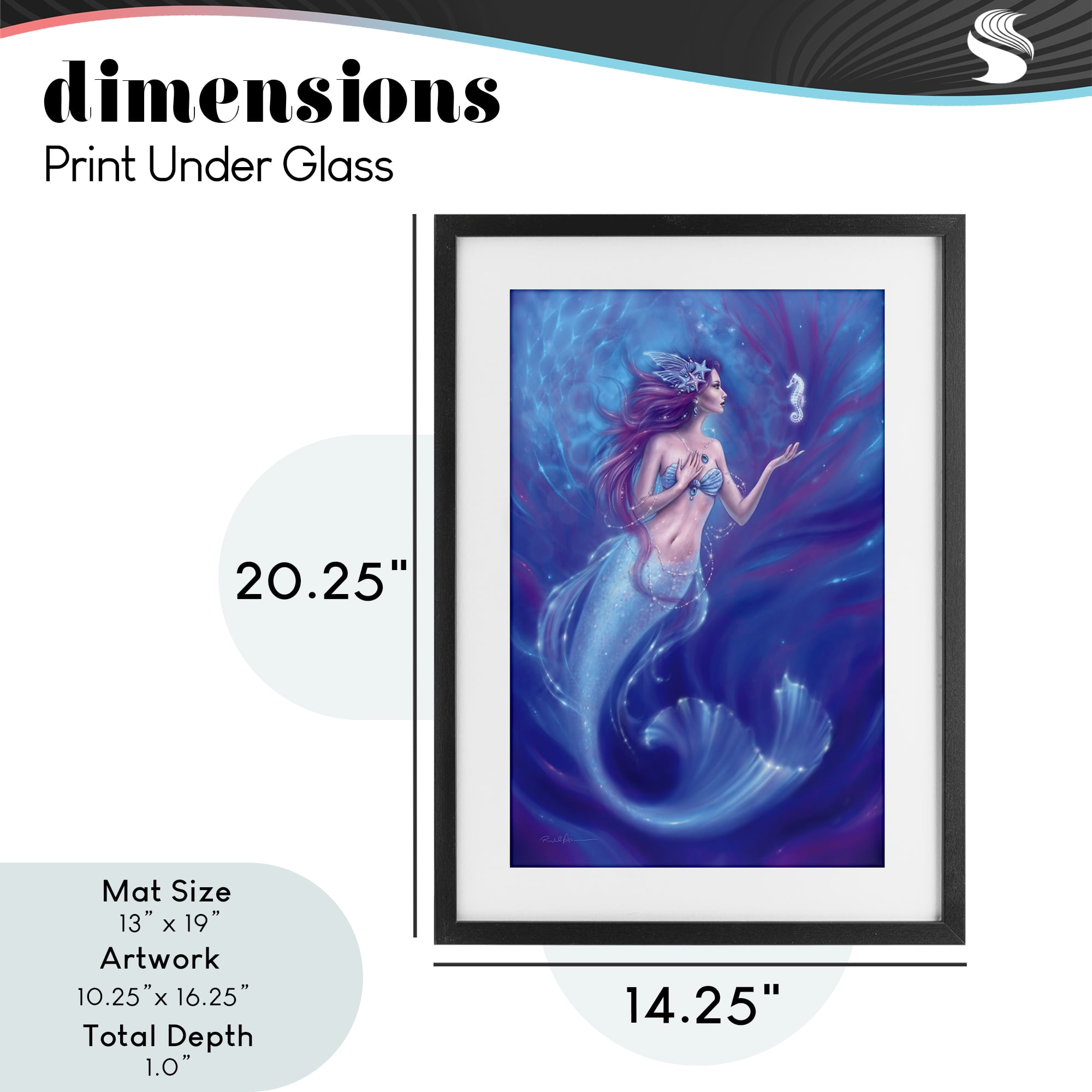 Jewel Bedecked Mermaid & Seahorse Black Framed Print Under Glass, design by Rachel Anderson