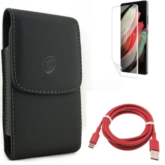 Case Belt Clip & Matte Screen Protector & 6ft USB-C Cable for Samsung Galaxy S22 Plus (S22 ) - Combo Leather Holster Cover & TPU Film Anti-Glare & Red Charger Cord Power