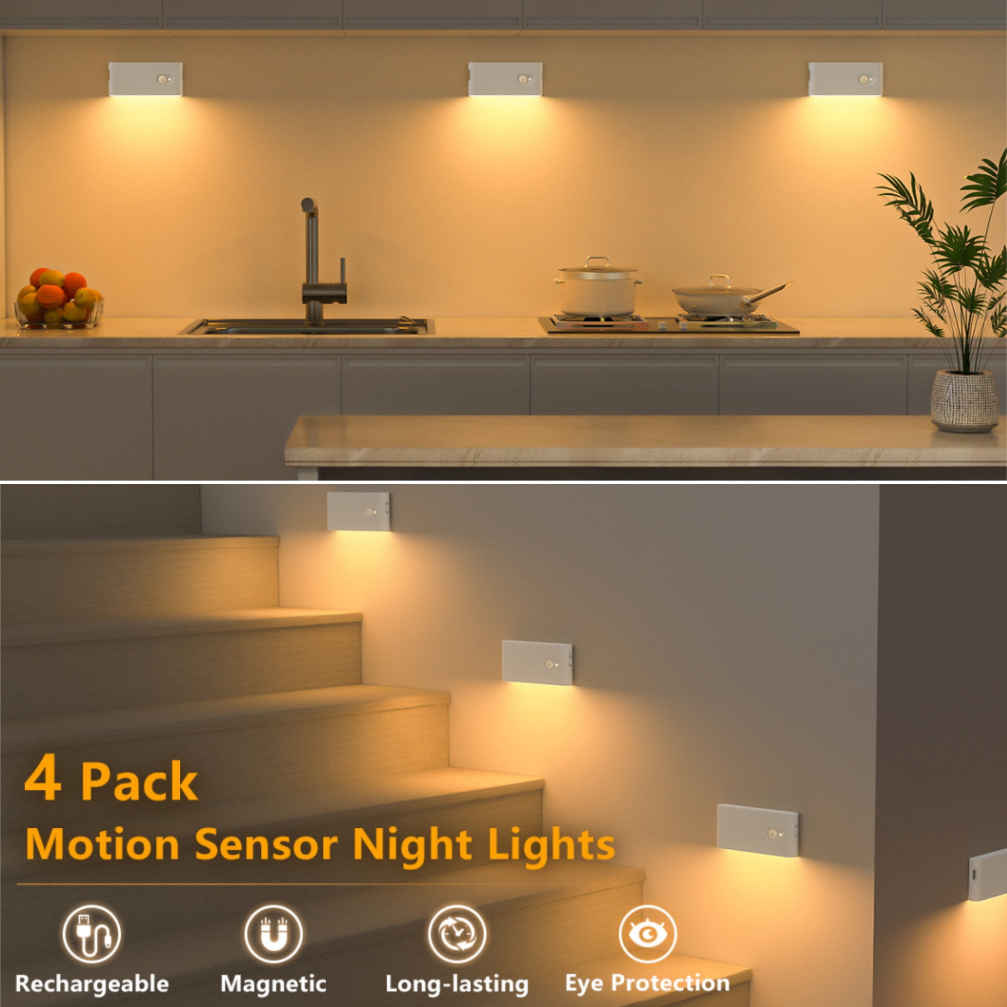 WILLED Rechargeable Motion Sensor Night Lights, Battery Powered LED Stair Lights Indoor, Warm White Motion Activated Stick-On Nightlights for Hallway, Bathroom, Bedroom, Kitchen, 4 Pack