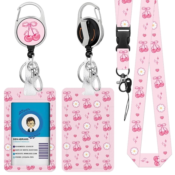 JOPJOLIW Lanyards for ID Badges, Pink Cherry Bow Cute ID Badge Holder with Retractable Reel, Teacher Lanyard with ID Holder Clip, Detachable Keychain Heavy Duty, Teacher Nurse Work Office Gifts