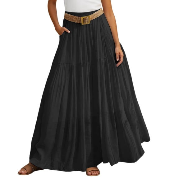 DHFJKG Maxi Skirts For Women Linen High Waisted Flowy A-Line Elastic Waist Skirt (With Belt) Casual Boho Summer Beach Vacation Clothes Trendy Skirt