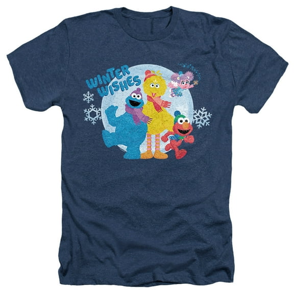 Sesame Street Winter Wishes Elmo, Cookie Monster, Big Bird Unisex Adult Heather T Shirt, Navy Heather, 3X-Large