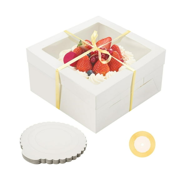 20-Pack White Cake Boxes with Window, 12x12x6 Inch Pastry Boxes with Round Cake Boards & Ribbon for Bakery, Cupcakes