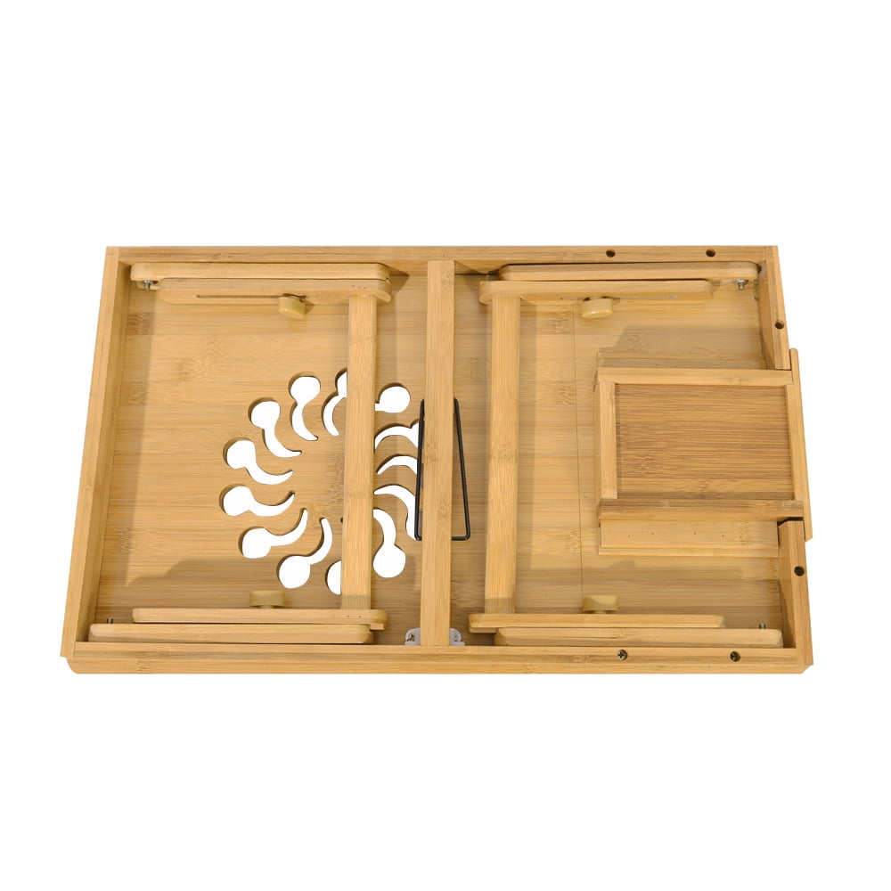 Lowestbest Folding Laptop Desk for Bed, Adjustable Bamboo Bed Table with Sunflower Engraving Pattern, Wood Color Lowestbest Folding Laptop Desk for Bed, Adjustable Bamboo Bed Table with Sunflower Engraving Pattern, Wood Color