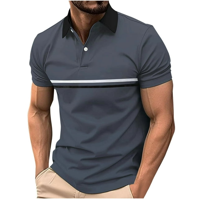 Camiseta Vestido Botón de Solapa Color Coincidencia Suelto Casual, 96% Viscosa 4% Spandex Camiseta de Punto para Hombres, Oficina, Golf Y Uso Diario