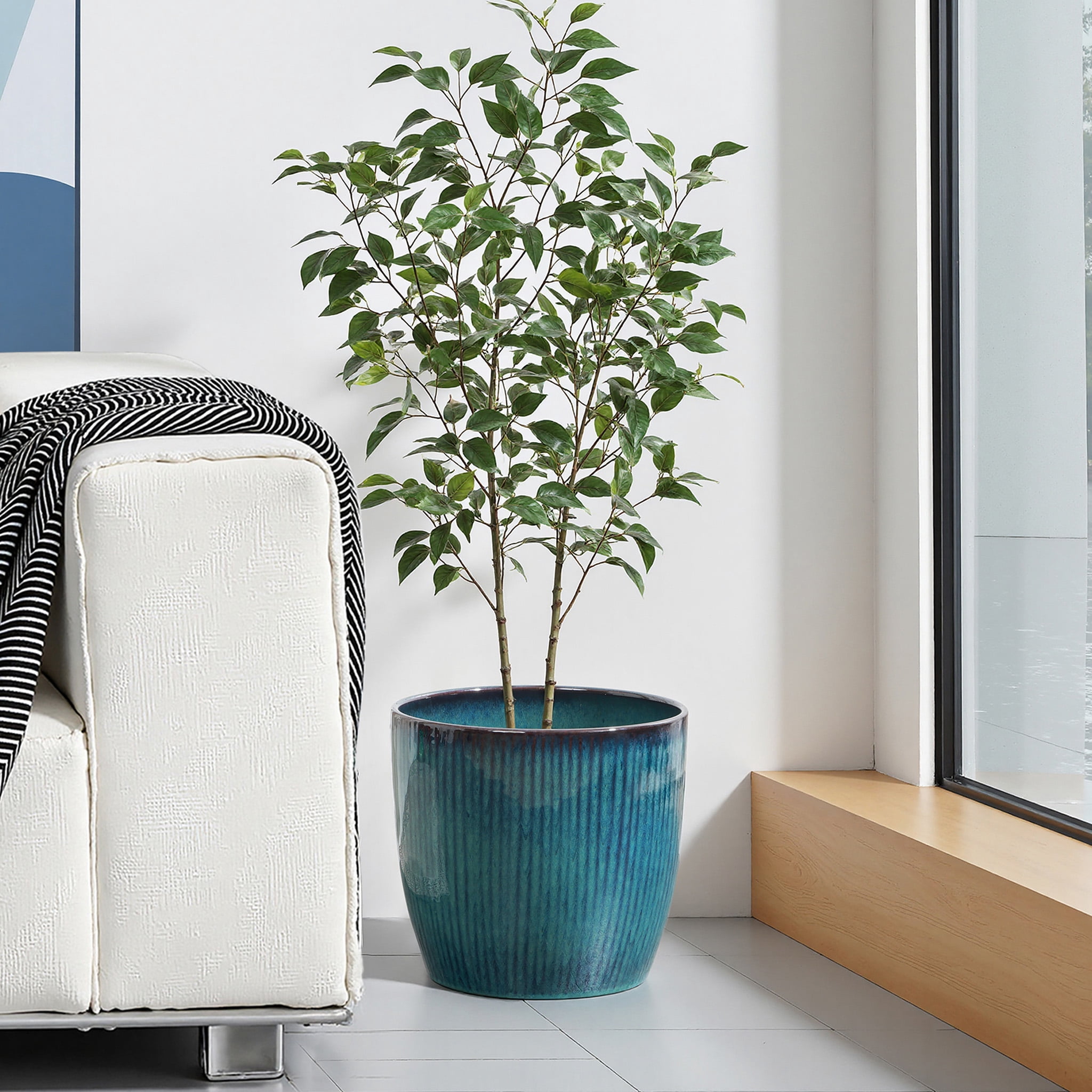 LuxenHome 12" Dia Large Round Plant Pots with Vertical Line Texture, Modern Blue Ceramic Planter for Living Room, Patio, Garden