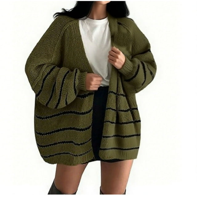 Gpaecead Womens Striped Cardigan Sweaters Long Sleeve Knit Sweater Jacket Button Open Front Outerwear Coats