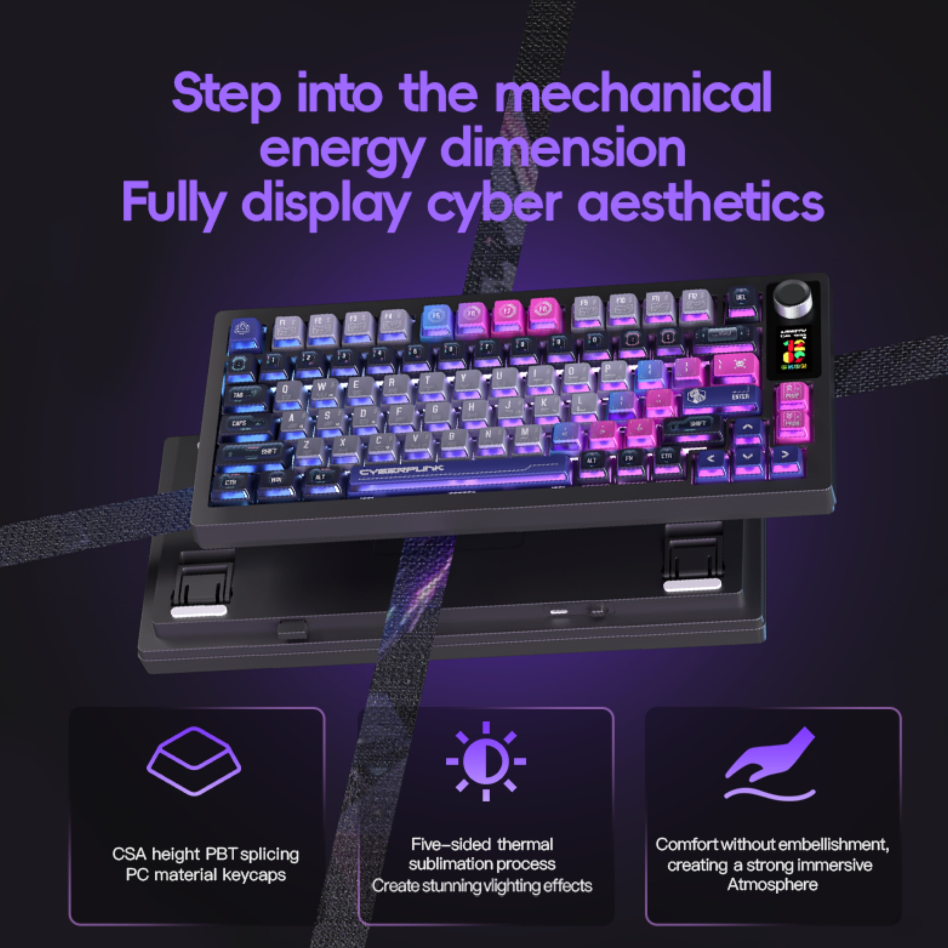75% Wireless Cyber-Style Mechanical Keyboard with RGB Smart Screen, Music Reactive Backlight, Hot-Swappable Switches, Gasket Mount – Cyber Illusion Purple