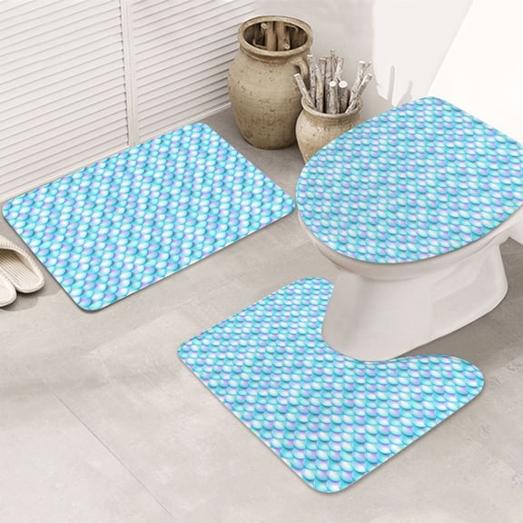 Bathroom Rugs Sets 3 Piece - Blue green fish scale texture Absorbent Non Slip Bath Mats, U-Shape Toilet Lid Cover, Contour Mat, Soft Washable Shower Mats Bath Rug Mat for Bathroom Tub Toilet