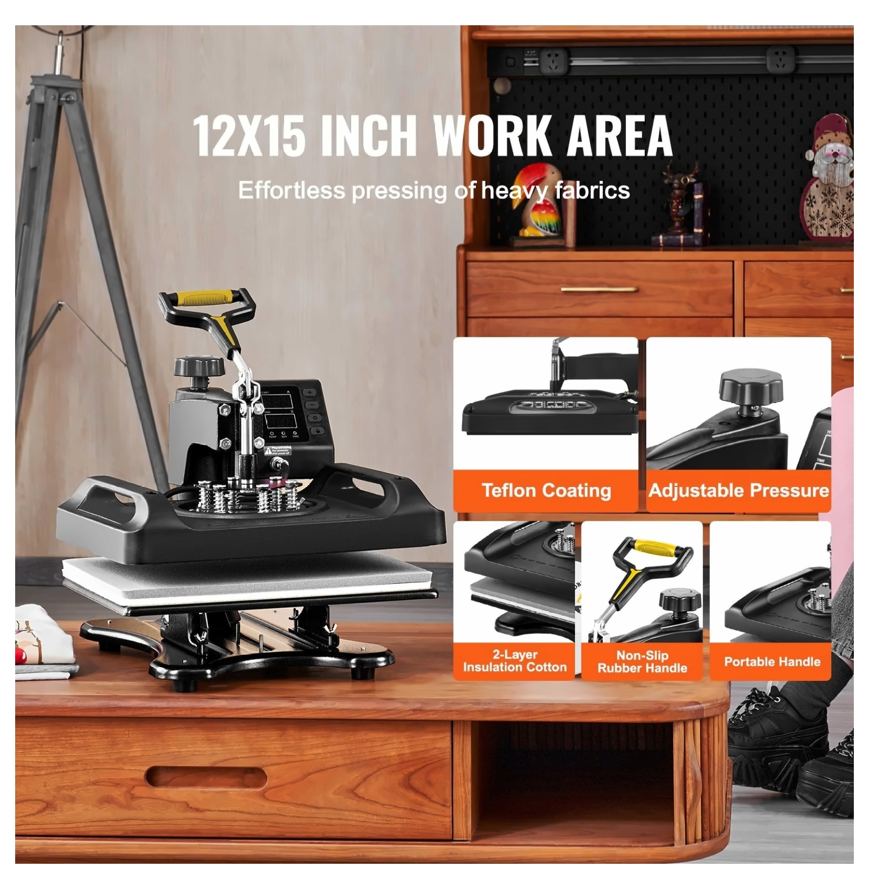 Heat Press Machine 12x15 8 in 1 Sublimation Heat Press, ETL Certified Swing Away Power-Saving Combo for T-Shirts, Mugs, Caps, Plates, Black