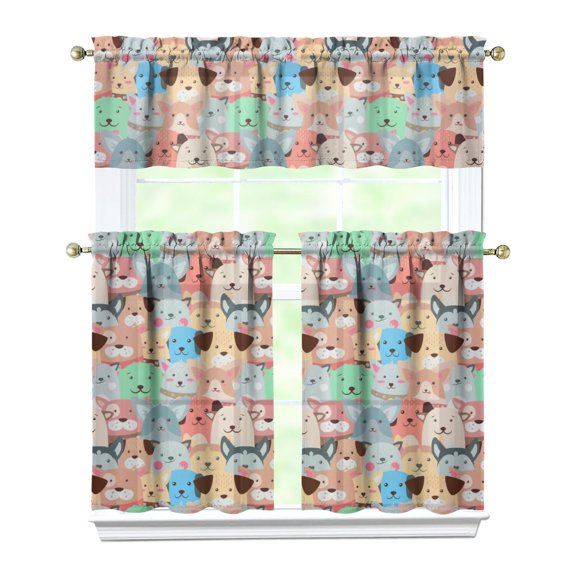 Dog Print Kitchen Curtains 36 Inch Short - 3 Panel Set, Cute Puppy & Floral Design, Rod Pocket Pet Lover Curtains 100% Polyester, Paw & Bone Pattern for Kitchen, Living Room, Bedroom, Easy Wash