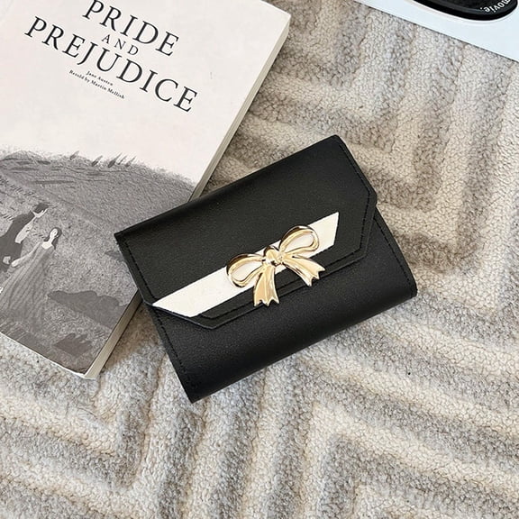 1 Piece Women Bowknot Card Holder Slim Minimalist Wallet with ID Window 115x85x20mm Black Fashion Purse for Daily Use Gift Idea for Women