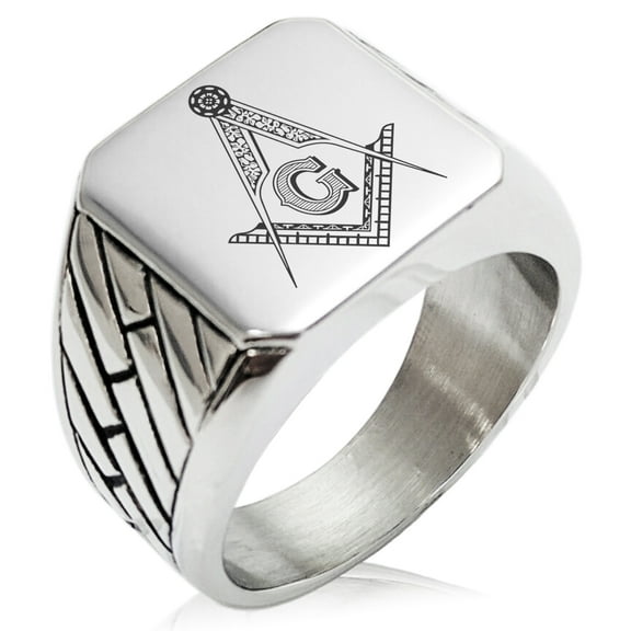 Stainless Steel Freemasons Masonic Floral Compass Geometric Pattern Biker Style Polished Ring