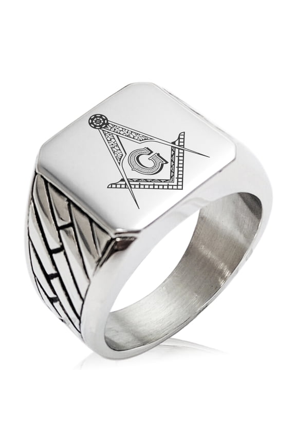 Stainless Steel Freemasons Masonic Floral Compass Geometric Pattern Biker Style Polished Ring