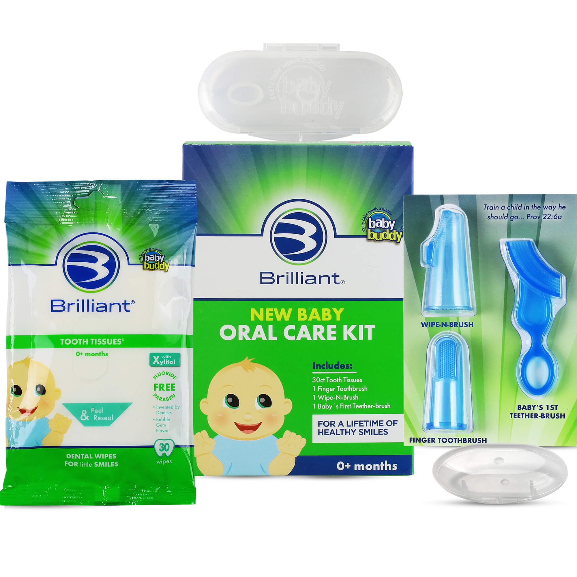 Brilliant New Baby Oral Care Kit with Xylitol Wipes and Soft Silicone Toothbrushes - Shower Gift - Blue - 0-6 Mos