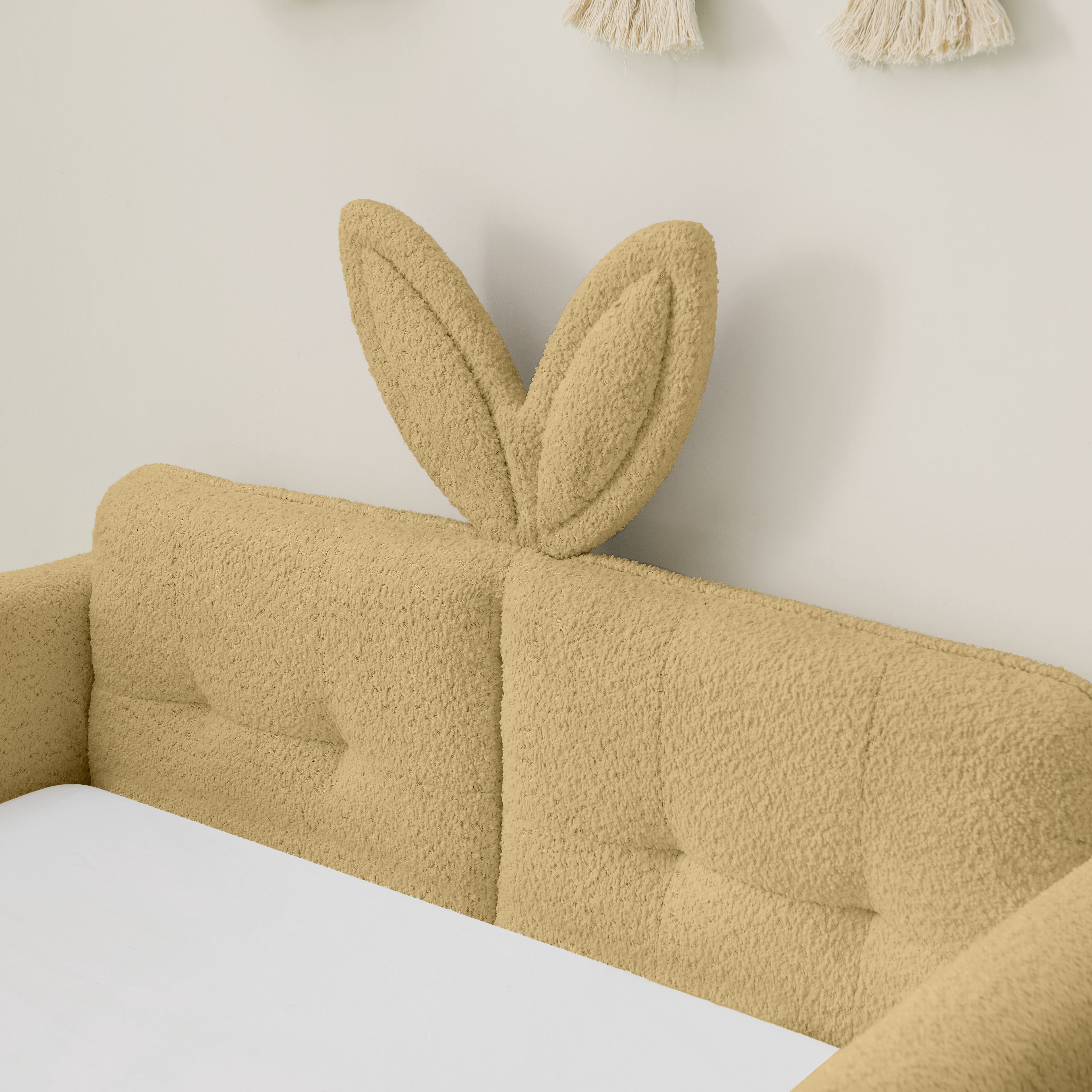 PORKISS Twin Bed Frames for Kids, Boucle Upholstered Platform Bed Frame with Safety Rails, Cute Bunny Ear Cartoon Bed with Storage Pocket, Yellow