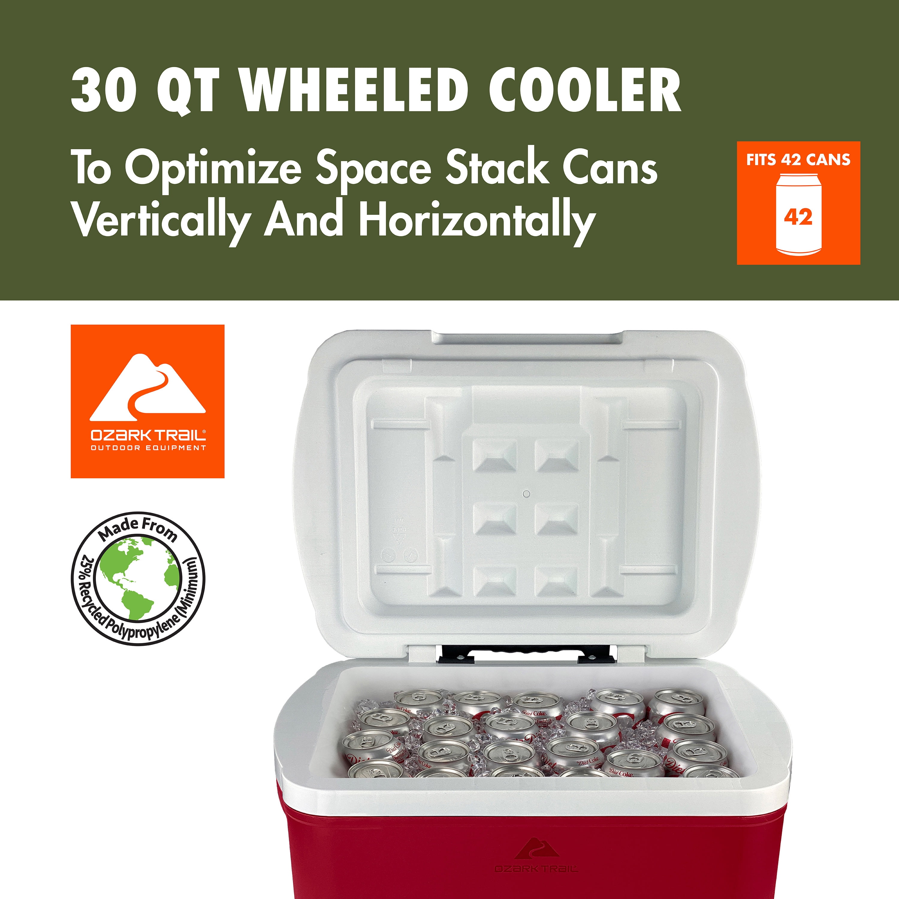 Ozark Trail 30 Quart Capacity Hard Side Wheeled Cooler, 42-Can,, Dark Red