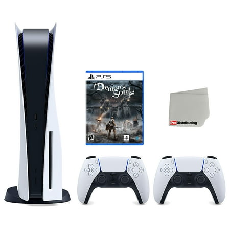 Sony Playstation 5 Disc Version Console with Extra White Controller, Demon's Souls Bundle with Cleaning Cloth
