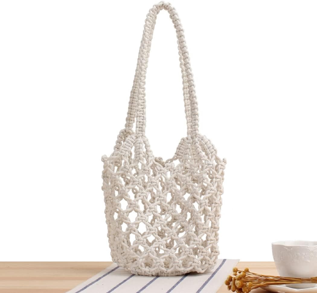 LinYooLi Summer Beach Handbag Hollow Mesh Shoulder Bag Cotton Thread Crochet Fishnet Bag Woven Bag