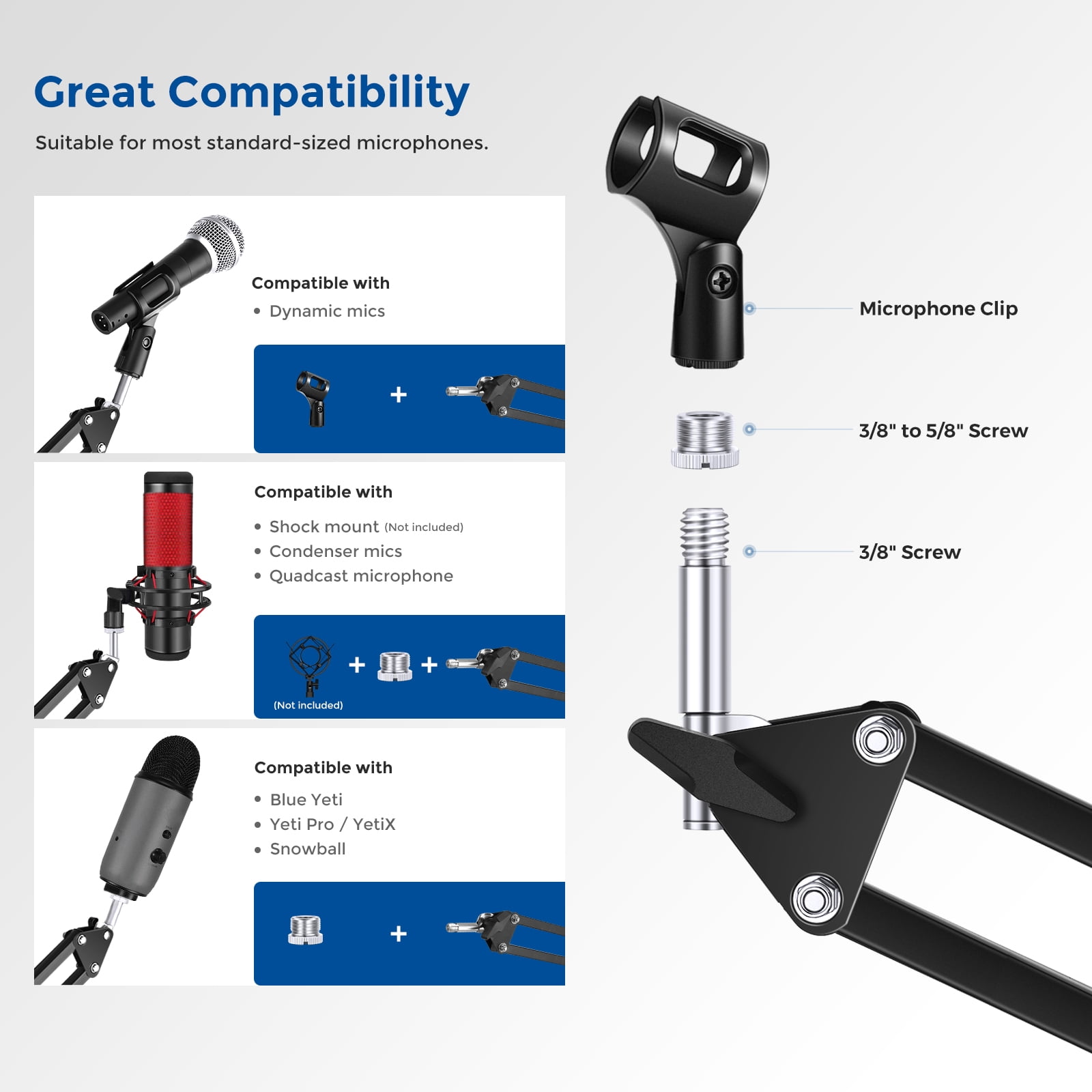Neewer Microphone Arm, Mic Arm Microphone Stand Boom Suspension Scissor Stand with 3/8" to 5/8" Screw Adapter and Cable Ties Compatible with Blue Yeti, Snowball, Yeti X and Other Mics, Max Load 1.5KG