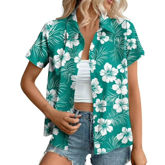 Button Down Shirts for Women Tops Clearance Ladies' Fashionable Short Sleeved Lapel Casual Hawaiian Print Button Up