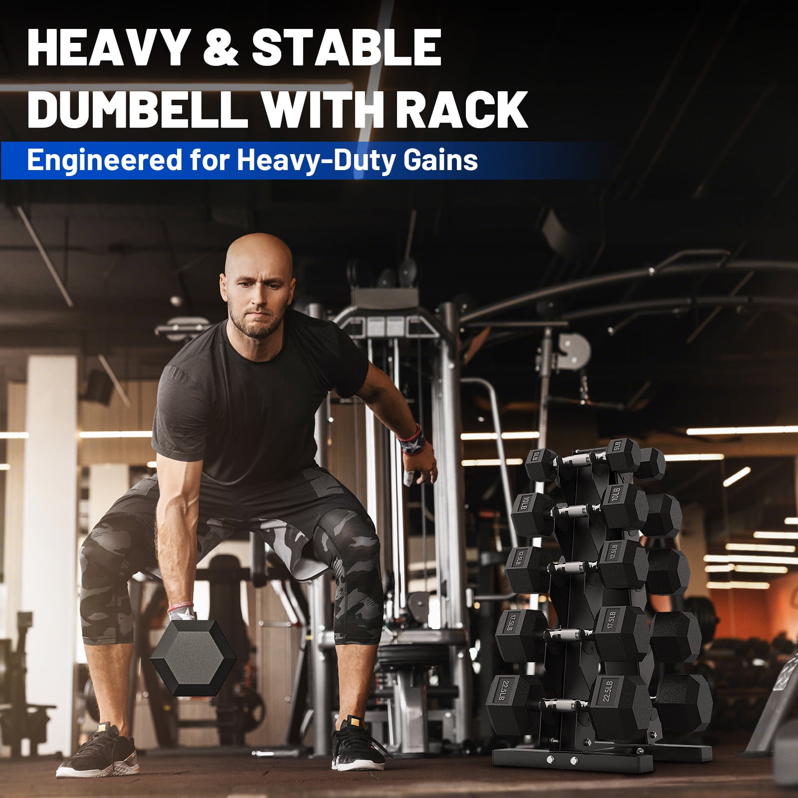 230 lb Dumbbell Set with Rack, Rubber Encased Hex Free Weights for Home Gym Strength Training