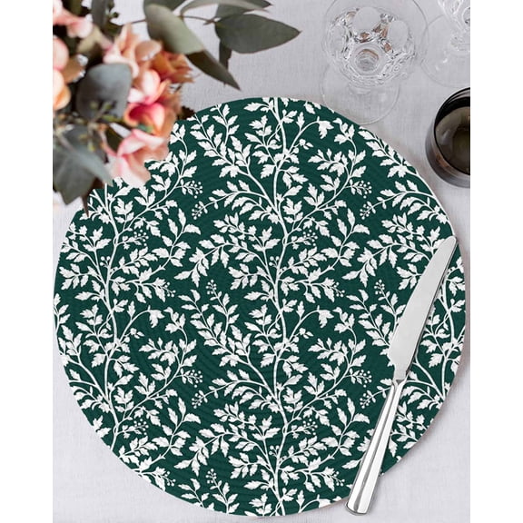 15 Inch Round Placemats Set of 6, Dark Green Spring Floral Non Slip Heat Insulation PP Table Mats, Farmhouse Flowers Elegant Pastoral Washable Place Mats for Kitchen Dining Party Table Decor