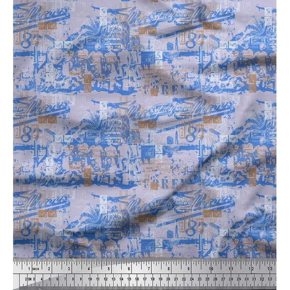 Soimoi Poly Georgette Fabric Human & Stamps Vintage Print Sewing Fabric Yard 42 Inch Wide