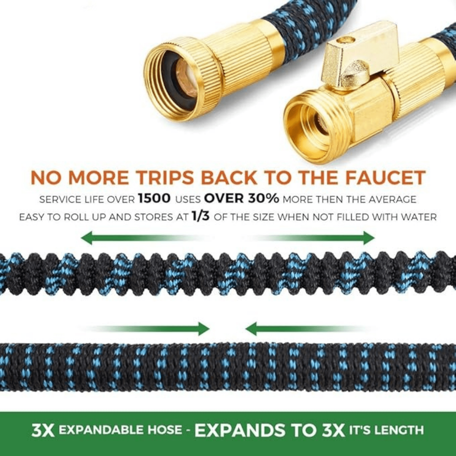 Hose with 8 Function Nozzle, 75FT - Lightweight Expandable Garden Hose, No-Kink Flexibility, 3/4 Inch Solid Brass Fittings and Double Latex Core